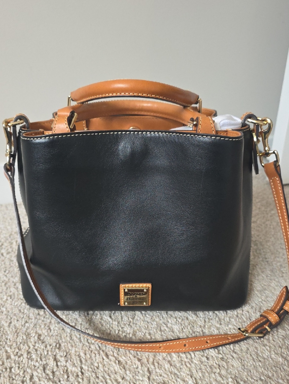 Dooney & Bourke Black Leather Crossbody Brenna with Tan Trim